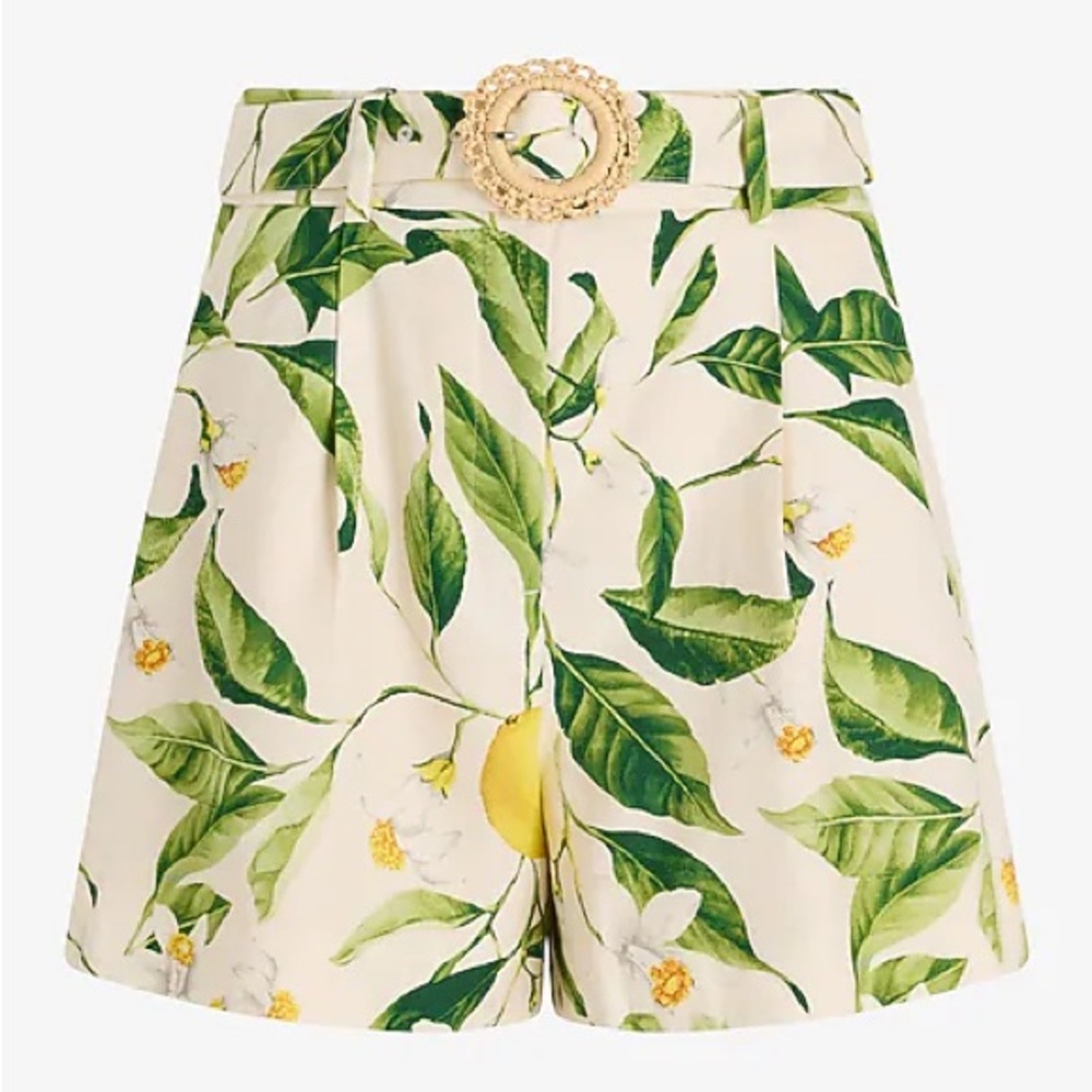 Express Green Leaf Print High Waist Shorts